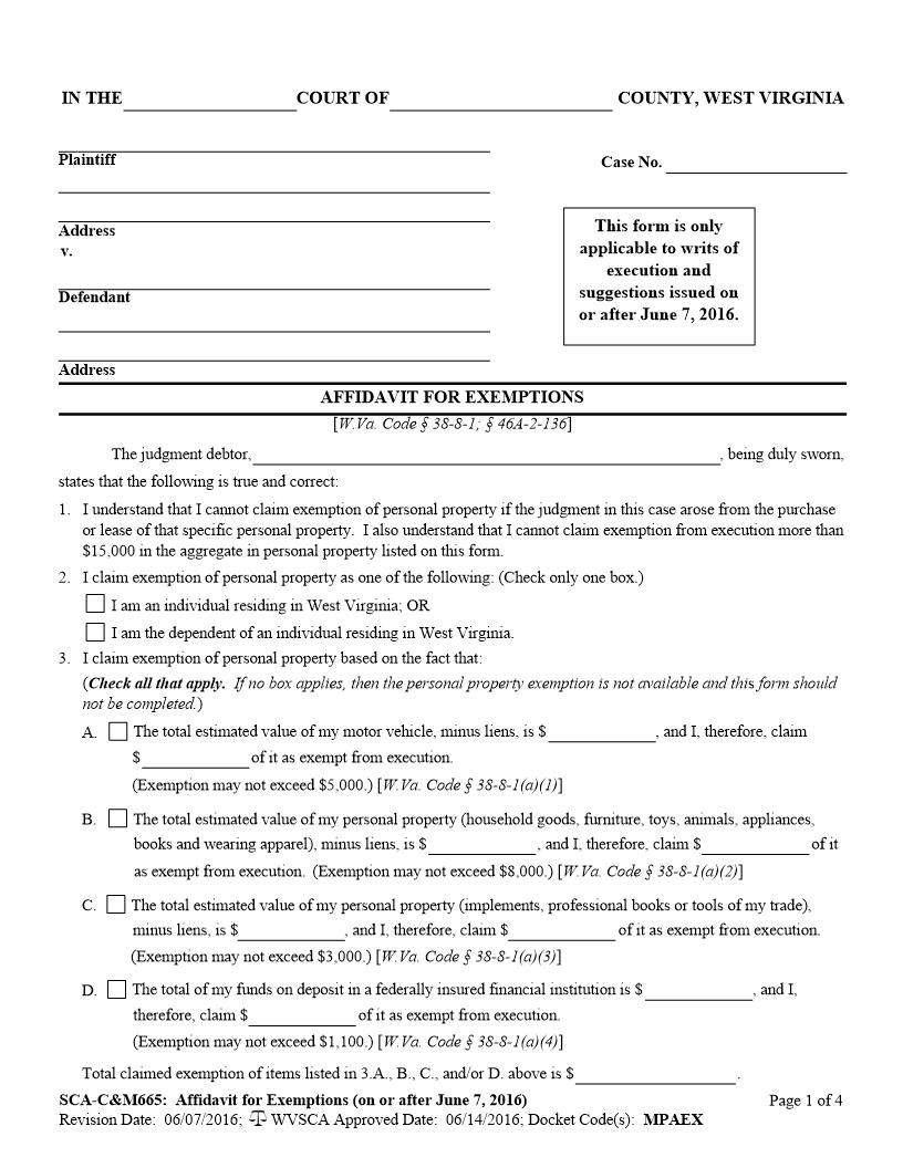 Affidavit For Exemptions-(For Writs Of Execution And Suggestions) {SCA-C-M665} | Pdf Fpdf Docx | West Virginia