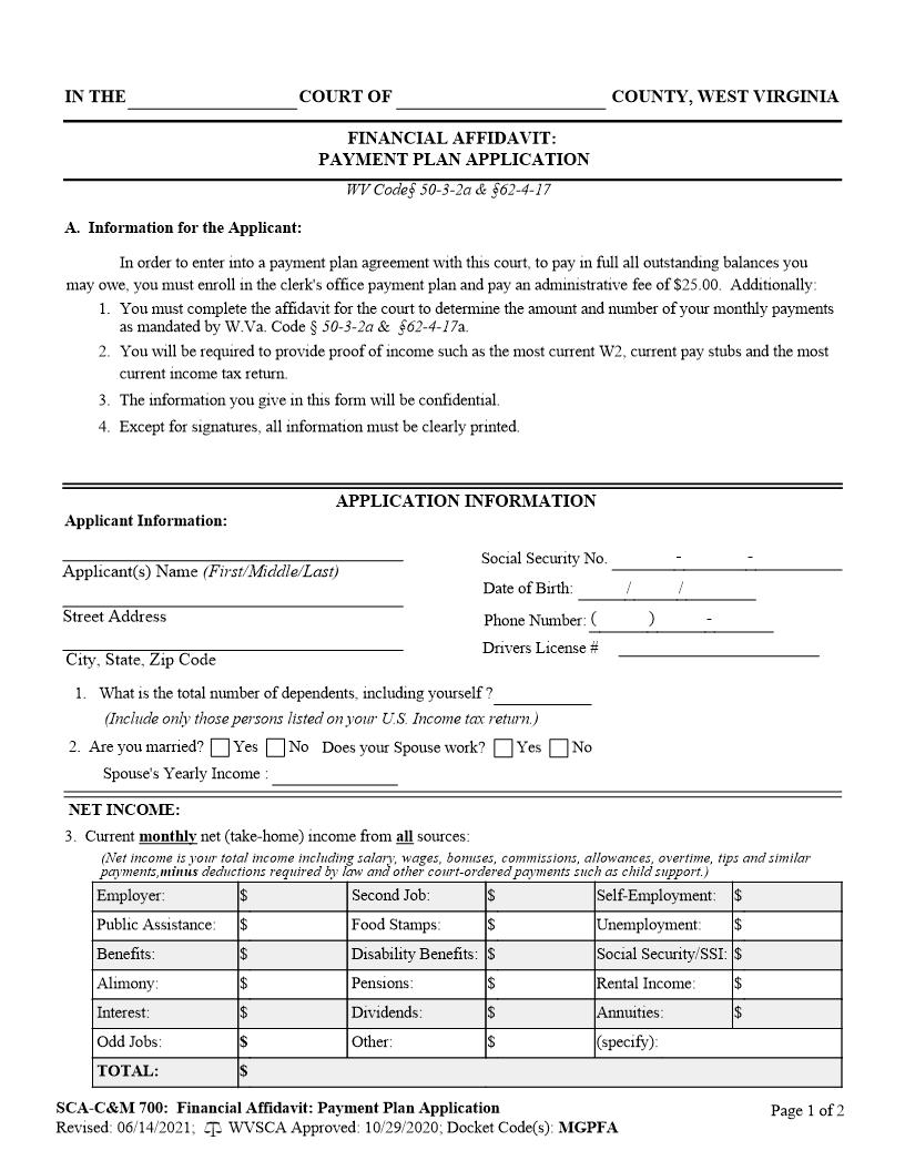 Affidavit For Payment Plan Application (In Both Circuit And Magistrate Courts) {SCA-C-M 700} | Pdf Fpdf Docx | West Virginia