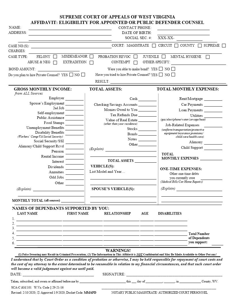 Affidavit-Eligibility For Appointed Or Public Defender Counsel {SCA-C-M 101} | Pdf Fpdf Docx | West Virginia