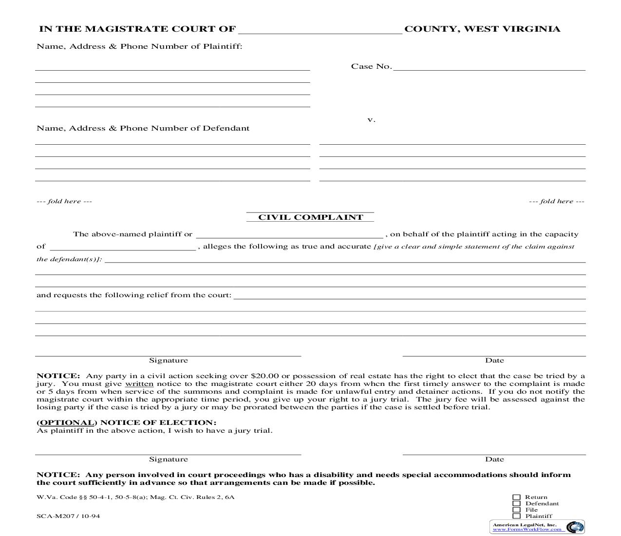 Civil Complaint {SCA-M207} | Pdf Fpdf Doc Docx | West Virginia