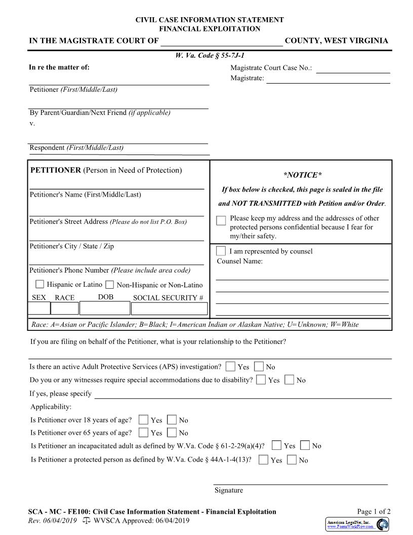 Financial Exploitation (Civil Case Information Statement) {SCA-MC-FE100} | Pdf Fpdf Docx | West Virginia