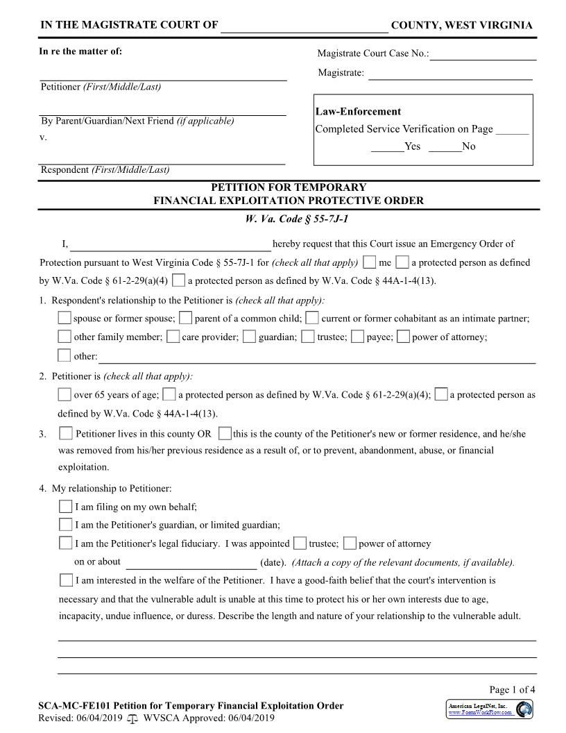 Financial Exploitation (Petition For Temporary Protective Order) {SCA-MC-FE101} | Pdf Fpdf Docx | West Virginia