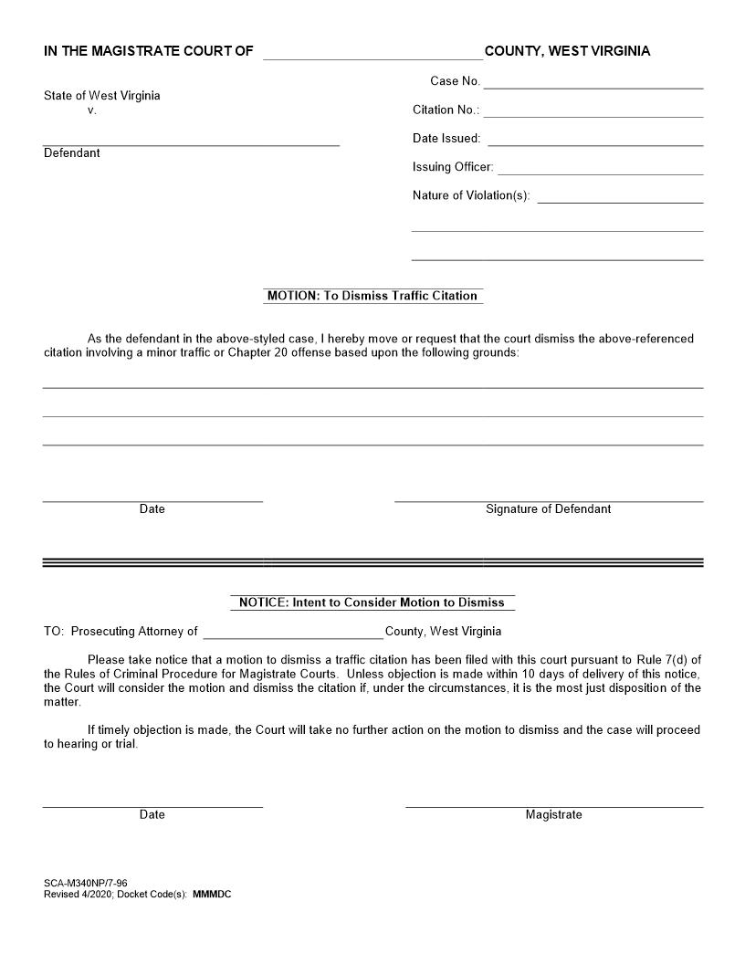 Motion To Dismiss Traffic Citation {SCA-M340} | Pdf Fpdf Docx | West Virginia