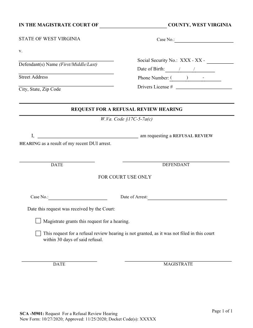 Request For Refusal Review Hearing {SCA-M901} | Pdf Fpdf Docx | West Virginia