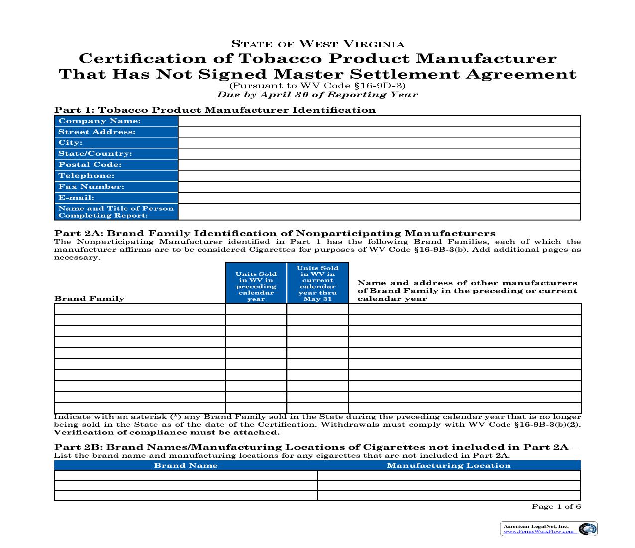 Certification Of Tobacco Product Manufacturer That Has Not Signed Master Settlement Agreement | Pdf Fpdf Doc Docx | West Virginia