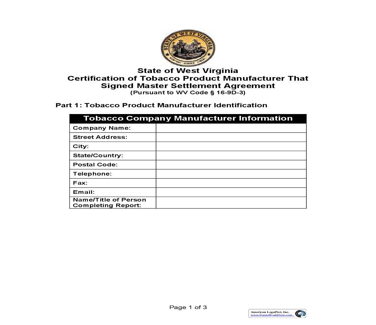 Certification Of Tobacco Product Manufacturer That Signed Master Settlement Agreement | Pdf Fpdf Doc Docx | West Virginia