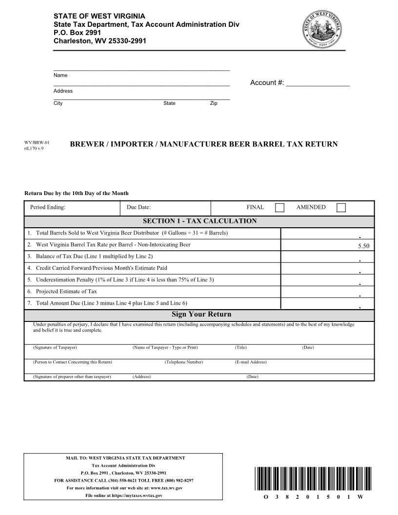 Brewer Importer Manufacturer Beer Barrel Tax Return {WV-BRW-01} | Pdf Fpdf Doc Docx | West Virginia