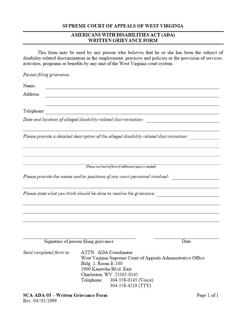 Americans With Disabililties Act (ADA) Written Grievance Form {SCA-ADA-03} | Pdf Fpdf Docx | West Virginia