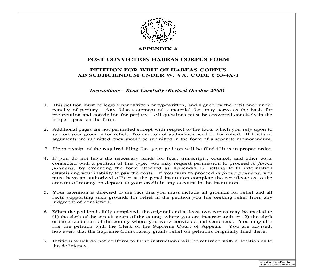 Post Conviction Habeas Corpus Form Petition For Writ Of Habeas Corpus {Appendix A} | Pdf Fpdf Doc Docx | West Virginia