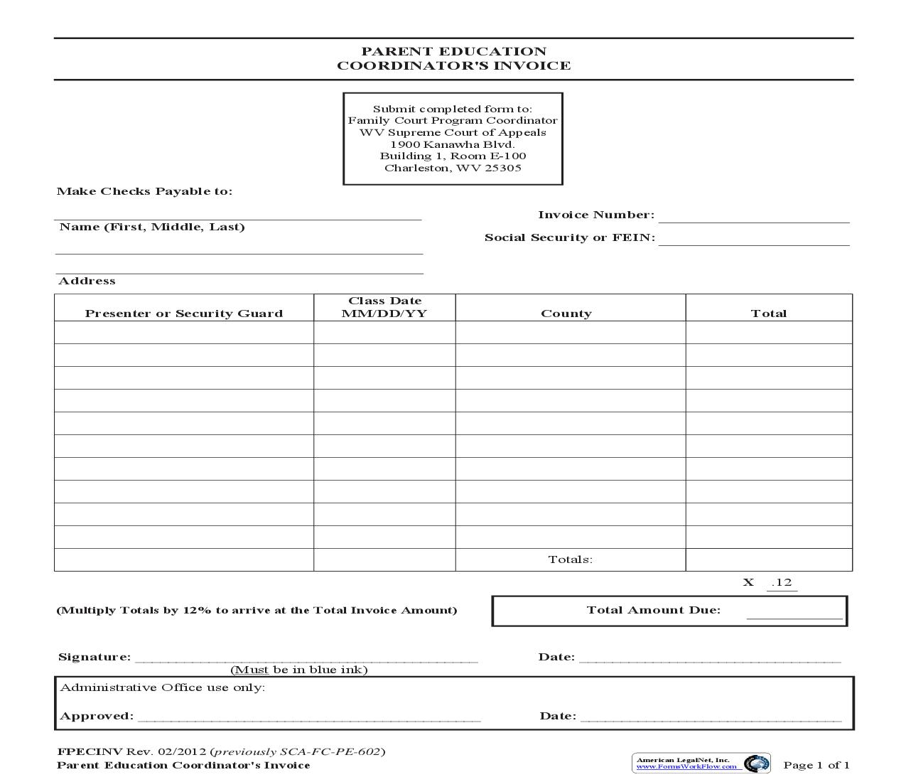 Parent Education Coordinators Invoice | Pdf Fpdf Doc Docx | West Virginia
