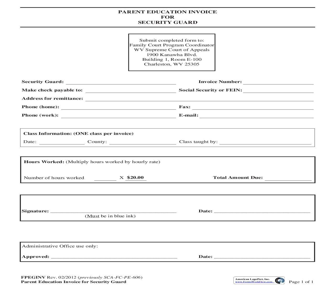 Parent Education Invoice For Security Guard | Pdf Fpdf Doc Docx | West Virginia