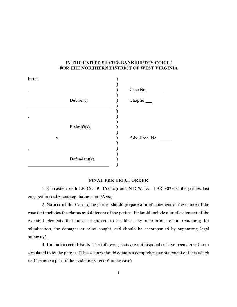 Adversary Proceeding Proposed Final Pre-Trial Order | Pdf Fpdf Docx | West Virginia