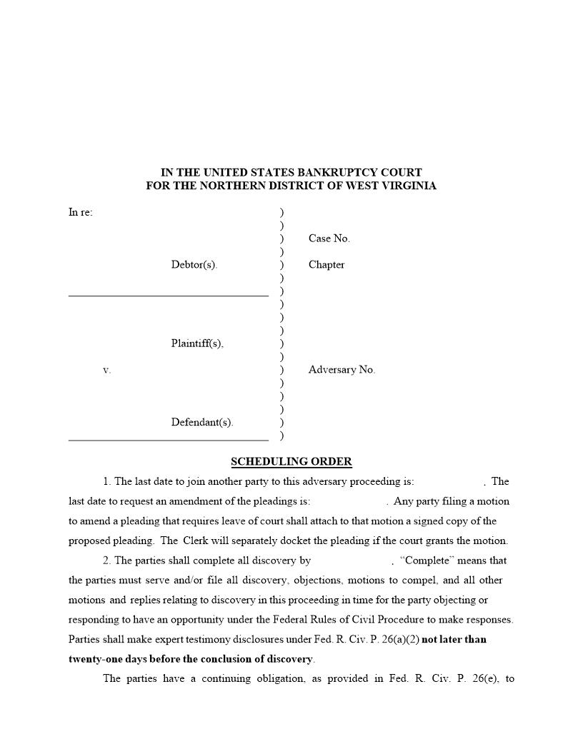 Adversary Proceeding Proposed Scheduling Order | Pdf Fpdf Docx | West Virginia