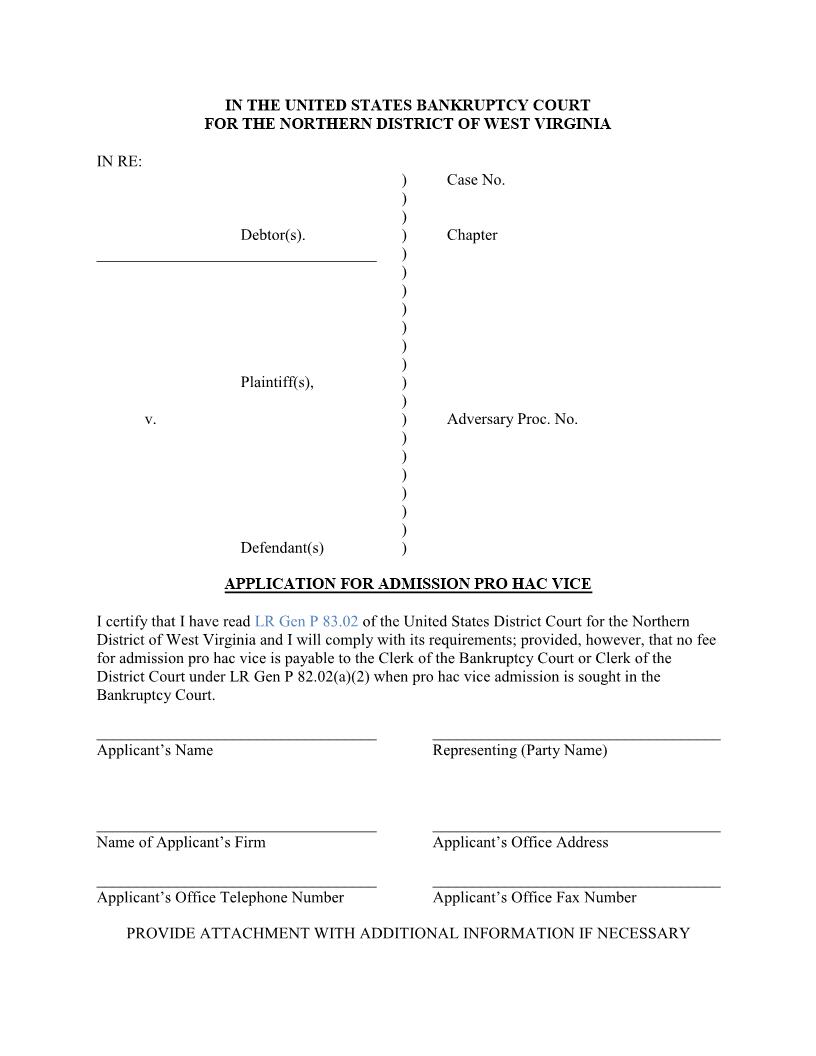 Application To Proceed Pro Hac Vice In An Adversary Case | Pdf Fpdf Docx | West Virginia