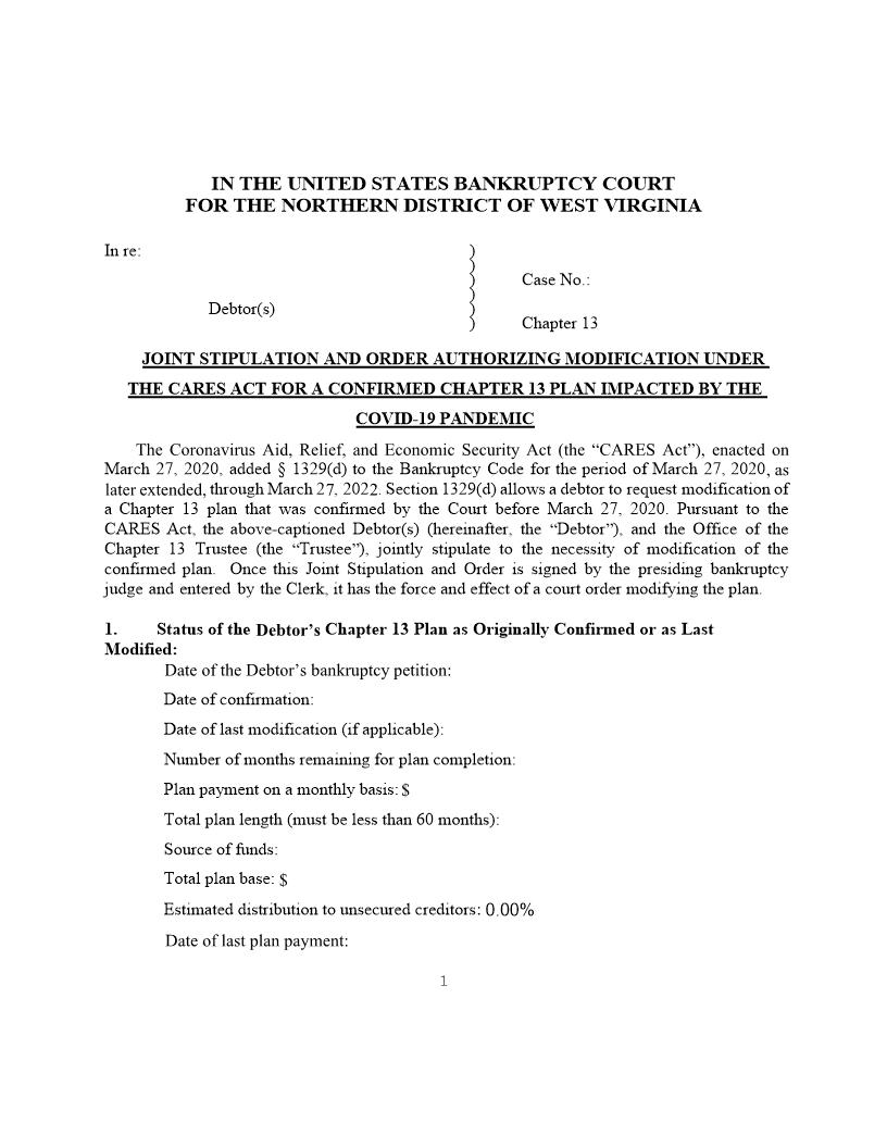 CARE Act COVID-19 Joint Stipulation Order And Notice On Plan Modification | Pdf Fpdf Docx | West Virginia