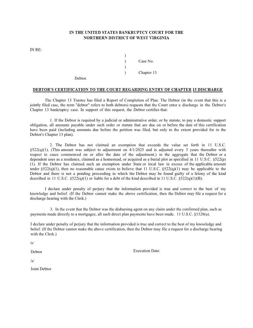 Debtors CertificationTo The Court Regarding Entry Of Chapterr 13 Discharge | Pdf Fpdf Doc Docx | West Virginia