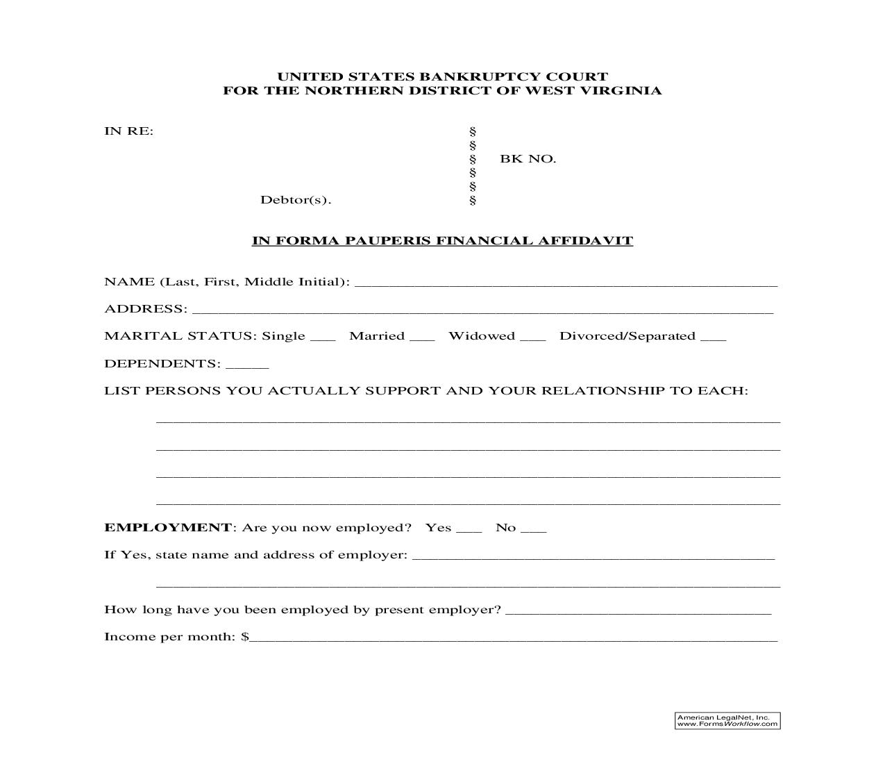 In Forma Pauperis Financial Affidavit | Pdf Fpdf Doc Docx | West Virginia