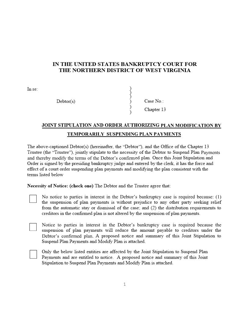 Joint Stipulation And Order Authorizing Plan Modification By Temporarily Suspending Plan Payments | Pdf Fpdf Docx | West Virginia