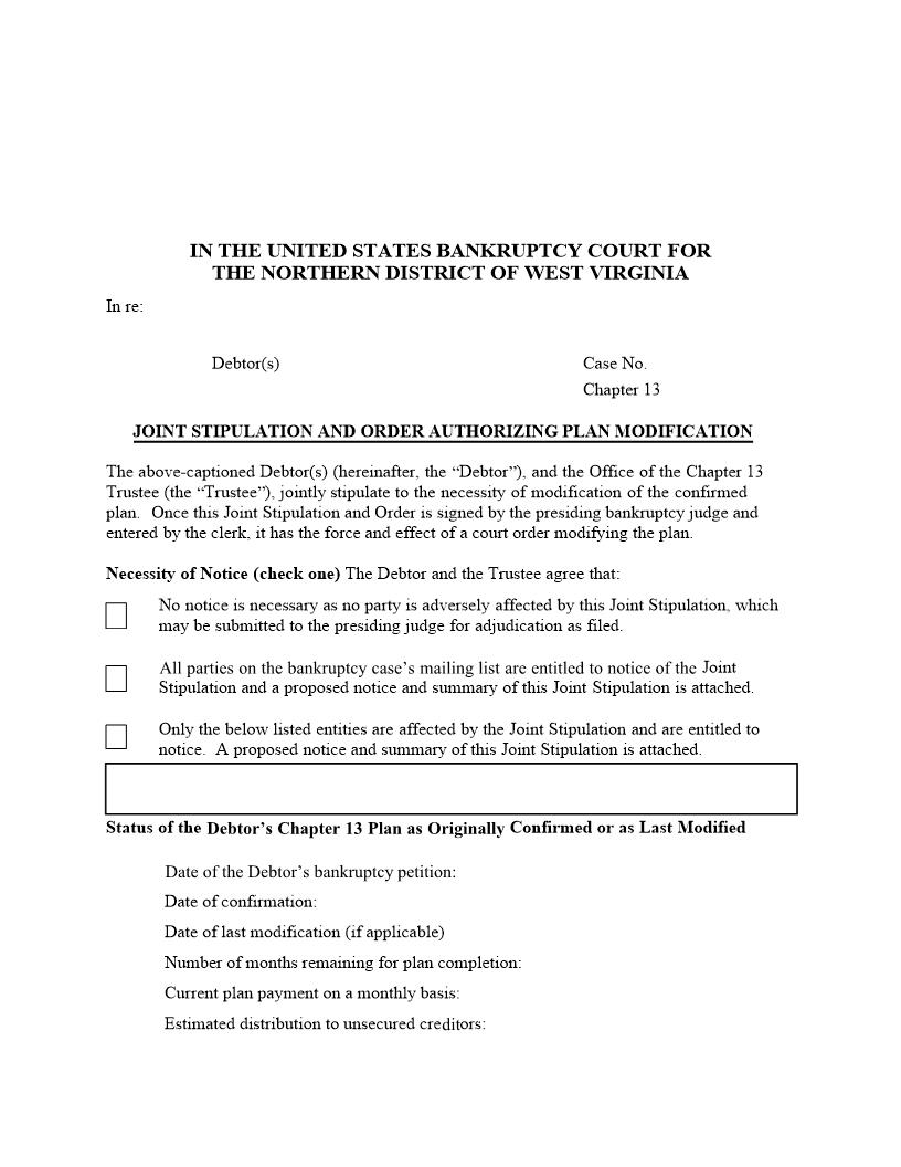 Joint Stipulation And Order Authorizing Plan Modification  | Pdf Fpdf Docx | West Virginia