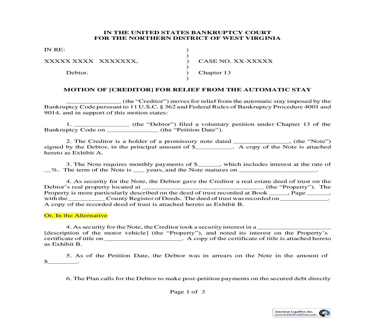 Motion Of (Creditor) For Relief From The Automatic Stay | Pdf Fpdf Doc Docx | West Virginia