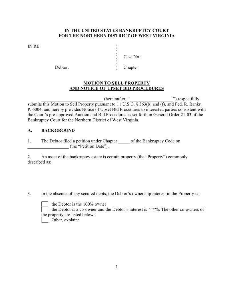 Motion To Sell Auction And Bid Procedures And Notice Of Sale | Pdf Fpdf Docx | West Virginia