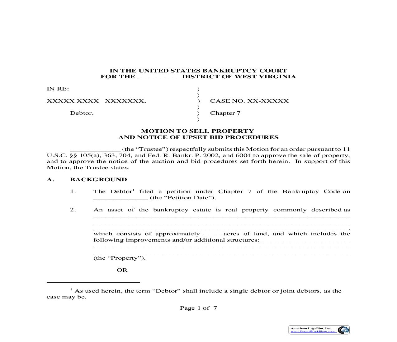 Motion To Sell Property And Notice Of Upset Bid Procedures | Pdf Fpdf Doc Docx | West Virginia