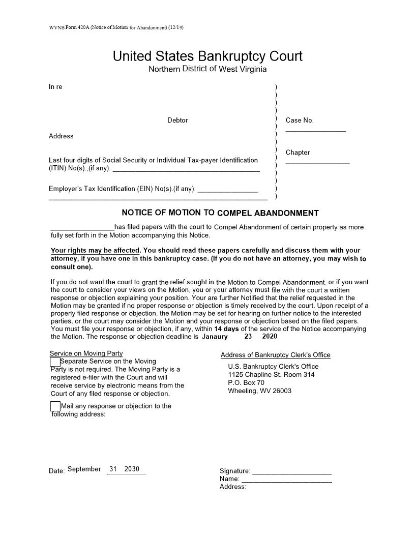 Notice Of Motion For Abandonment {WVNB 420A} | Pdf Fpdf Docx | West Virginia