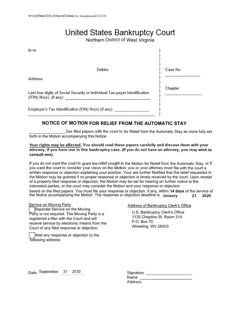 Notice Of Motion For Relief From Stay | Pdf Fpdf Docx | West Virginia