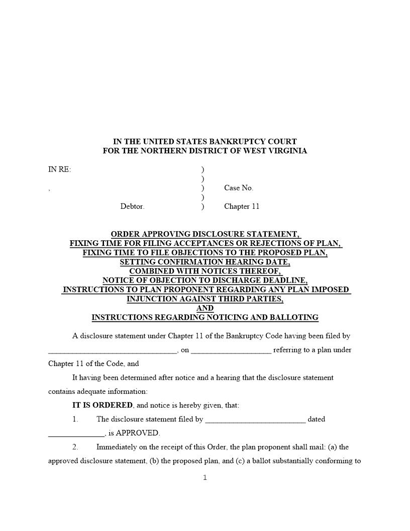 Order Approving Disclosure Statement And Setting Confirmation Hearing | Pdf Fpdf Docx | West Virginia