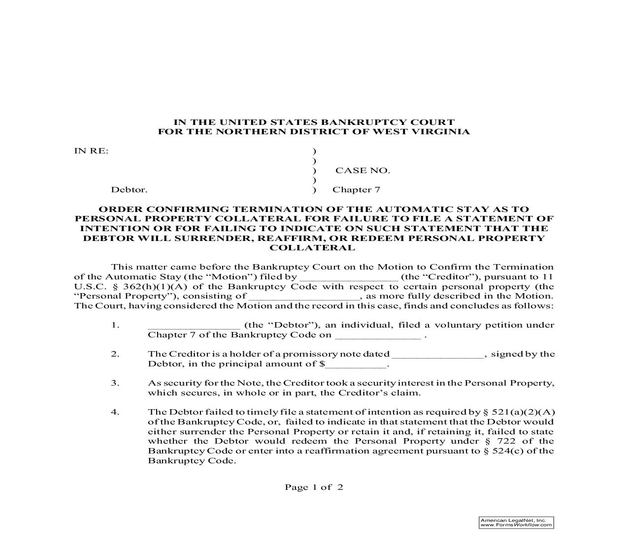 Order Confirming Termination Of The Automatic Stay  As To Personal Property Collateral For Failure To File A Statement | Pdf Fpdf Doc Docx | West Virginia