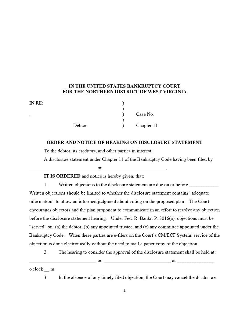 Order Setting Disclosure Statement Hearing | Pdf Fpdf Docx | West Virginia