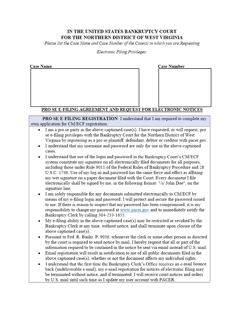 Pro Se E-Filing Agreement And Request For Electronic Notices | Pdf Fpdf Docx | West Virginia