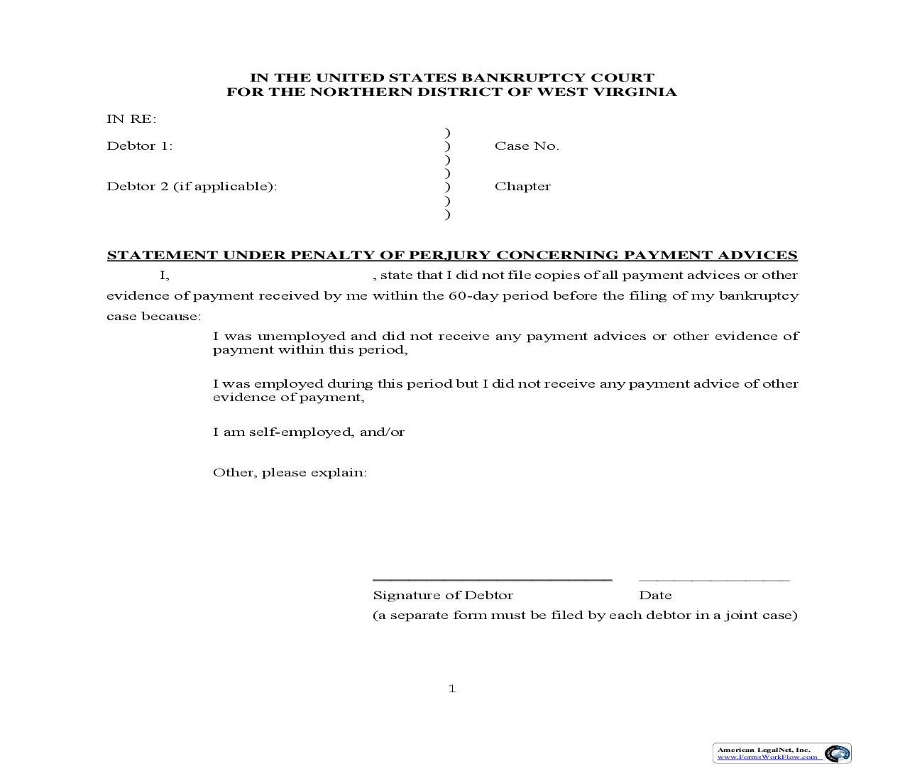 Statement Under Penalty Of Perjury Concerning Payment Advices | Pdf Fpdf Doc Docx | West Virginia