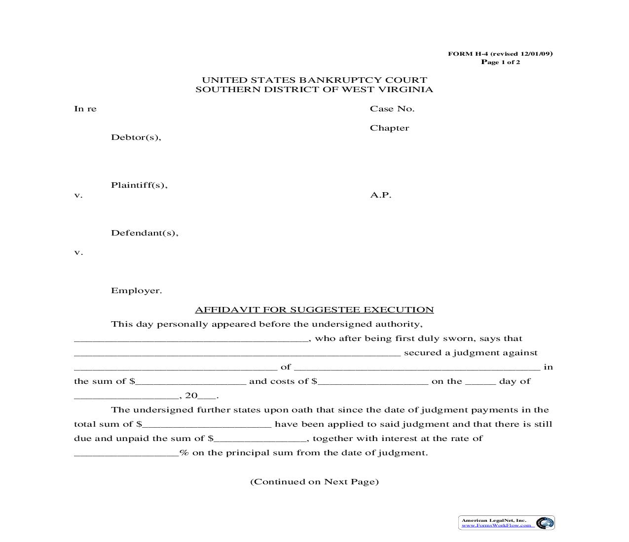 Affidavit For Suggestee Execution {H-4} | Pdf Fpdf Doc Docx | West Virginia