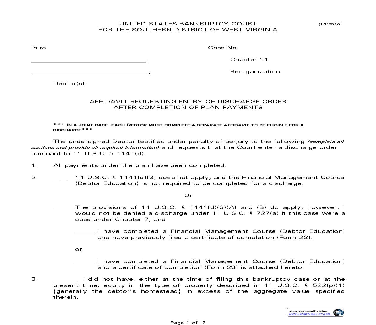 Chapter 11 Affidavit For Entry Of Discharge Order After Completion Of Plan Payments  | Pdf Fpdf Doc Docx | West Virginia