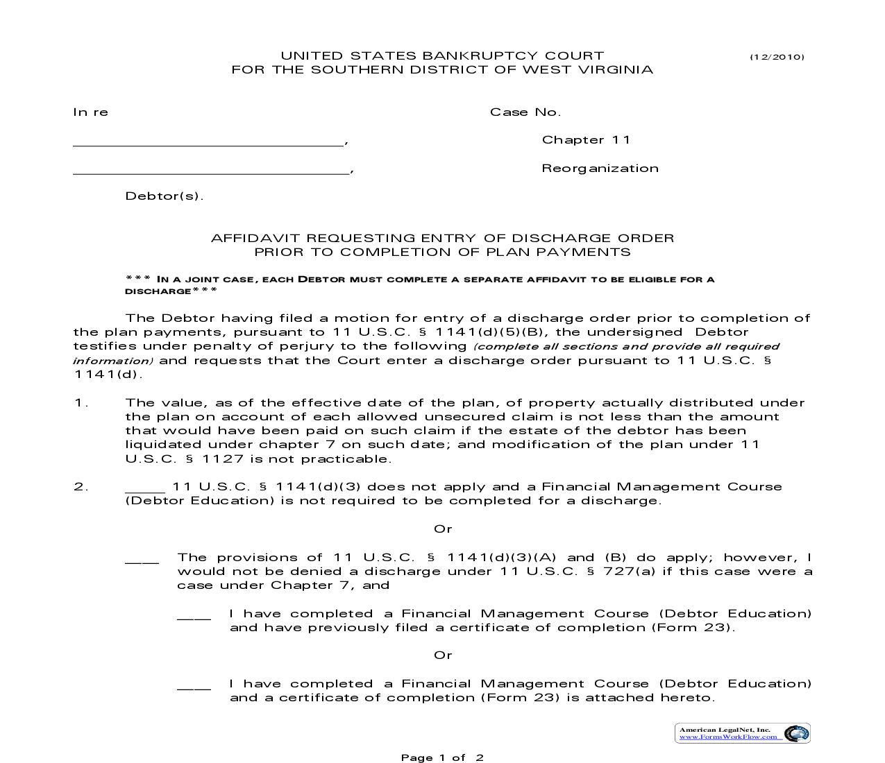 Chapter 11 Affidavit For Entry Of Discharge Order Prior To Completion Of Plan Payments  | Pdf Fpdf Doc Docx | West Virginia