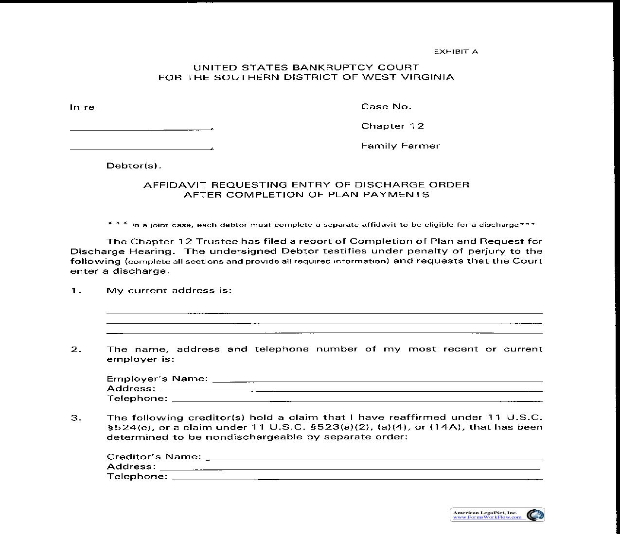 Chapter 12 Affidavit For Entry Of Discharge Order After Completion Of Plan Payments  | Pdf Fpdf Doc Docx | West Virginia