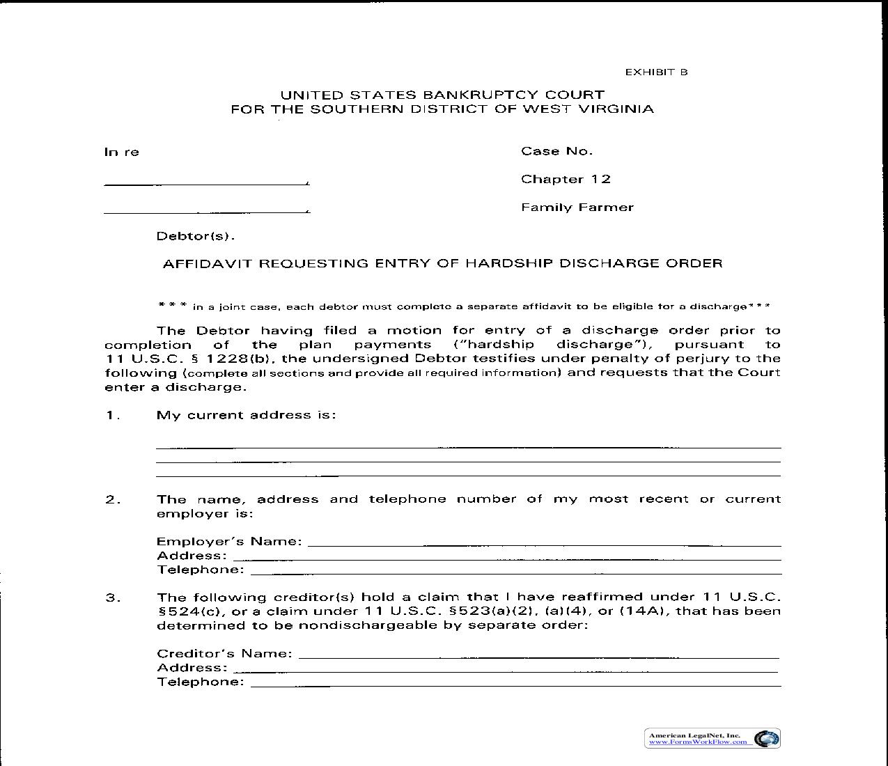 Chapter 12 Affidavit For Entry Of Hardship Discharge Order  | Pdf Fpdf Doc Docx | West Virginia