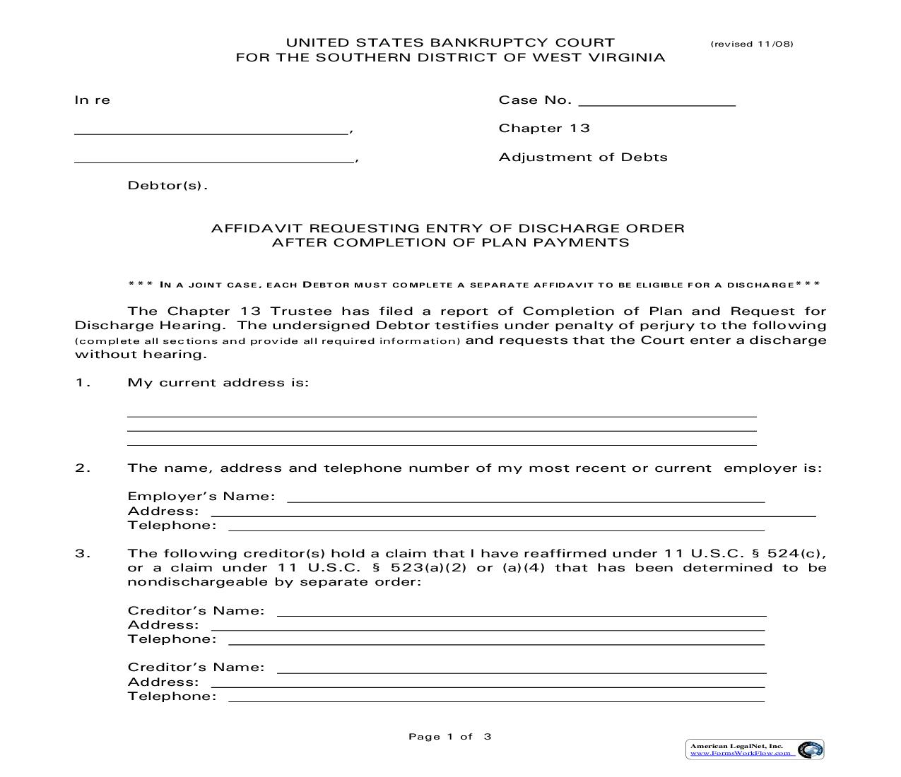 Chapter 13 Affidavit For Entry Of Discharge Order After Completion Of Plan Payments  | Pdf Fpdf Doc Docx | West Virginia