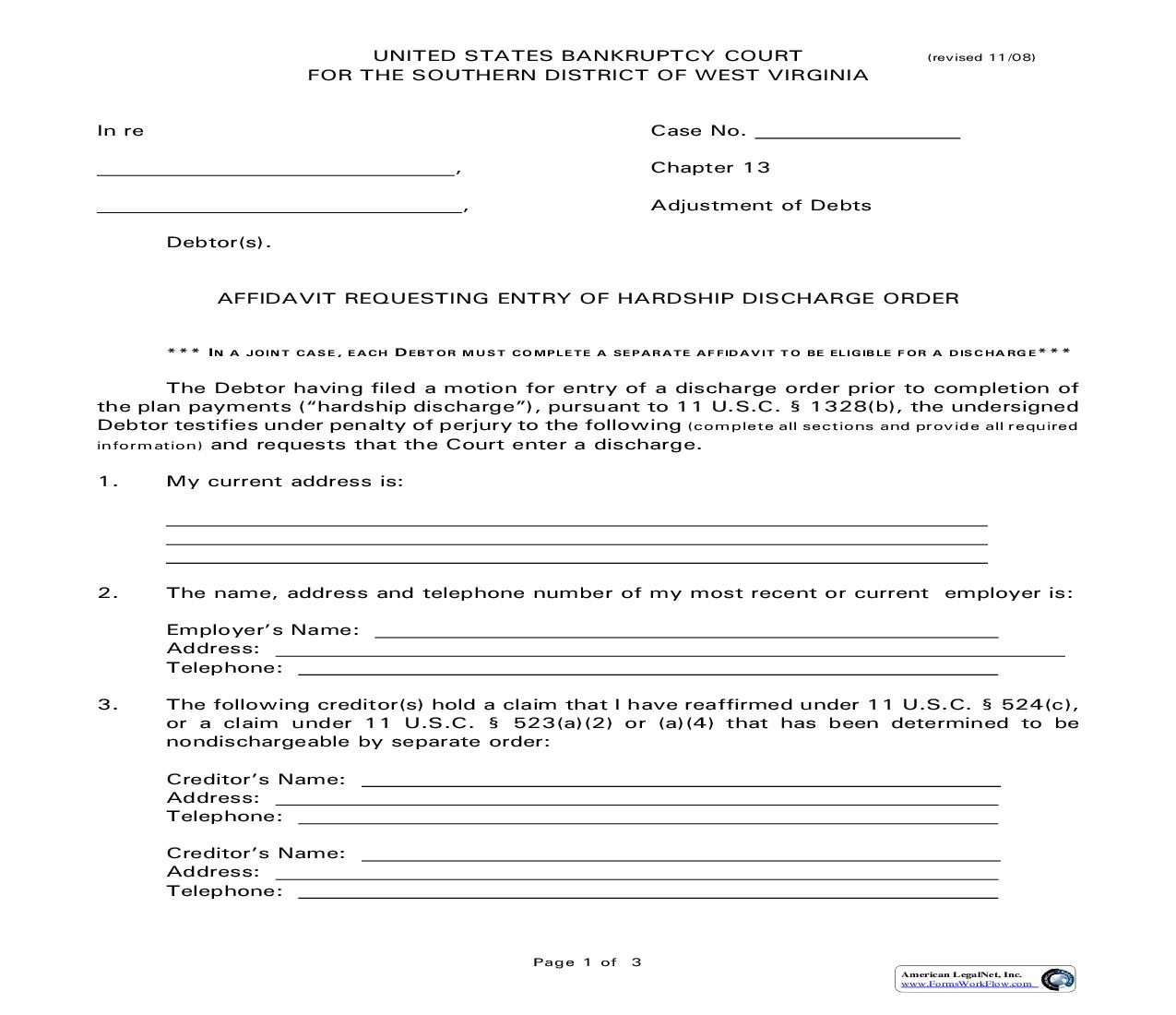 Chapter 13 Affidavit For Entry Of Hardship Discharge Order  | Pdf Fpdf Doc Docx | West Virginia