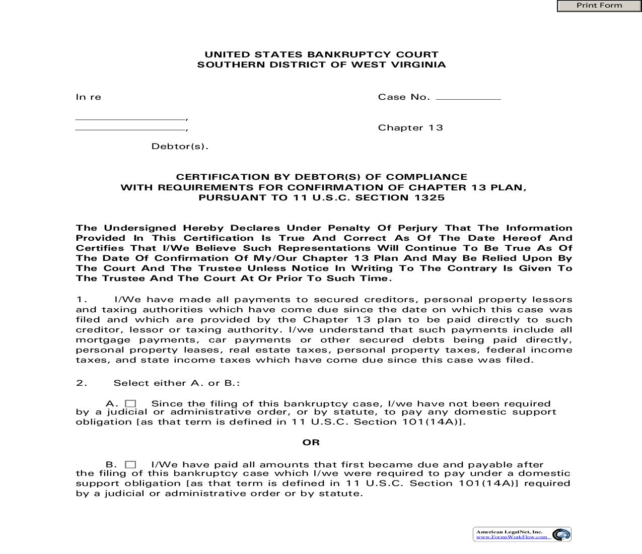 Chapter 13 Certification Of Compliance With Requirements For Confirmation  | Pdf Fpdf Doc Docx | West Virginia