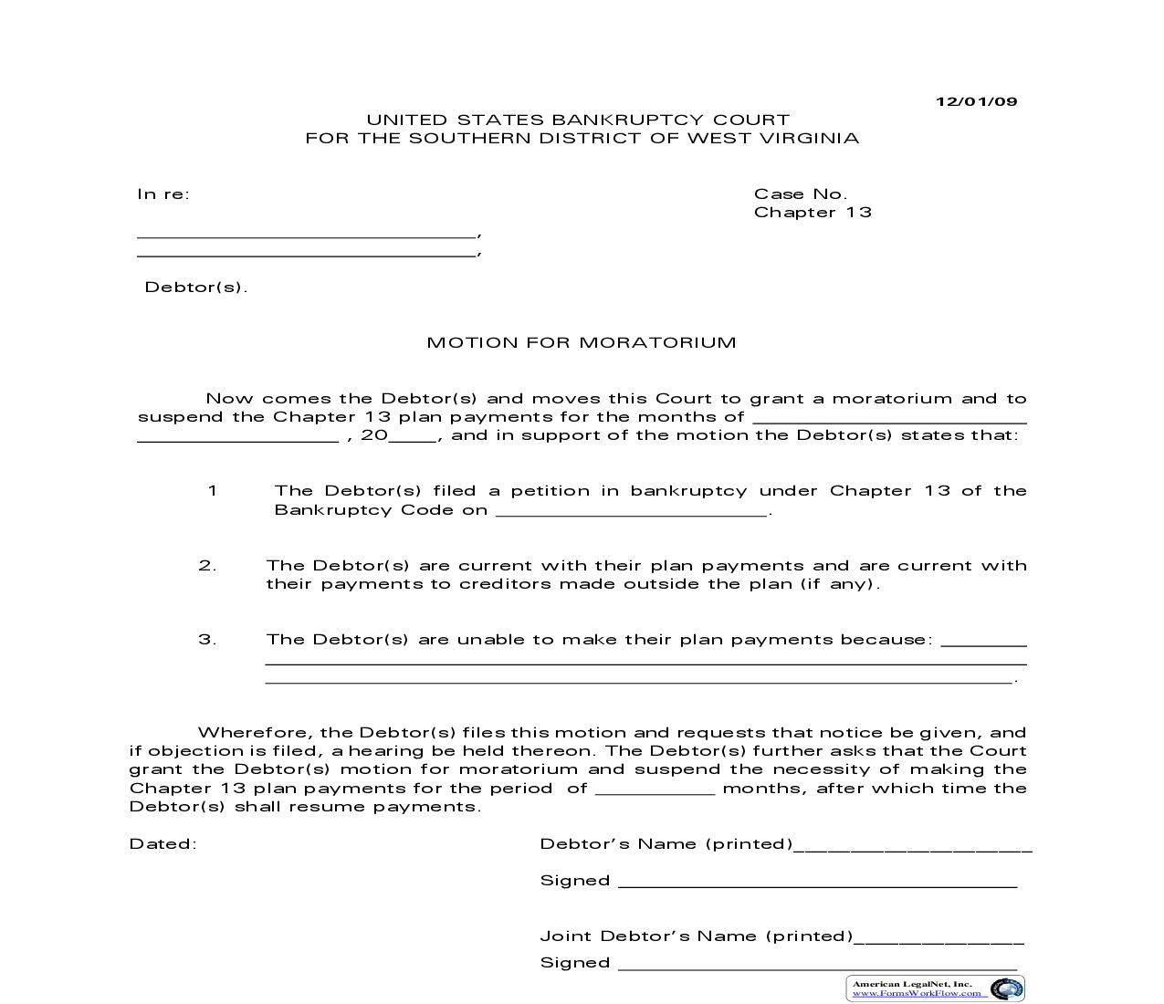 Chapter 13 Motion For Moratorium  | Pdf Fpdf Doc Docx | West Virginia