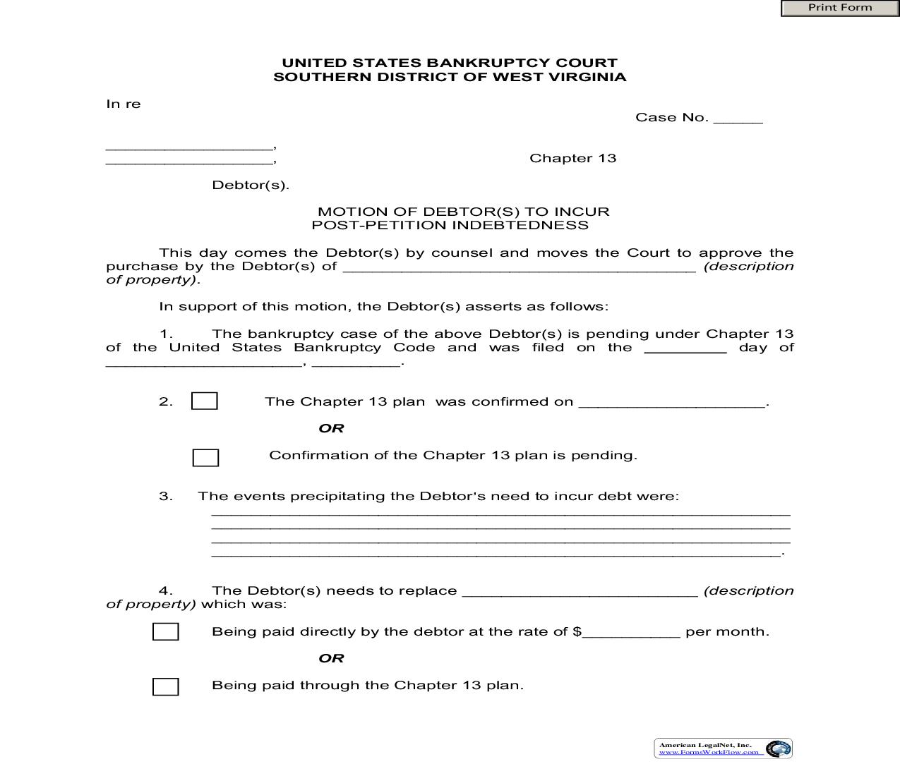Chapter 13 Motion To Incur Debt  | Pdf Fpdf Doc Docx | West Virginia