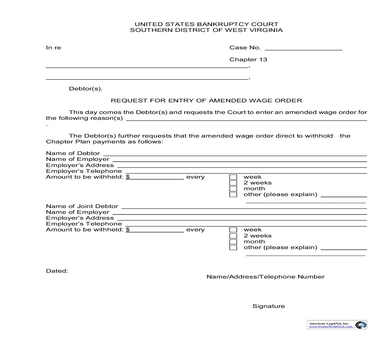 Chapter 13 Request For Entry Of Amended Wage Order  | Pdf Fpdf Doc Docx | West Virginia