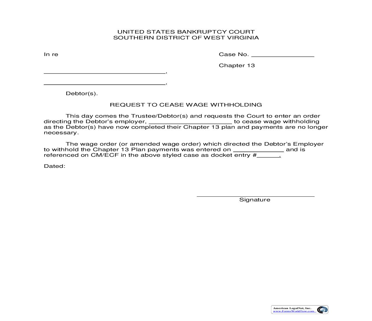 Chapter 13 Request To Cease Wage Withholding  | Pdf Fpdf Doc Docx | West Virginia