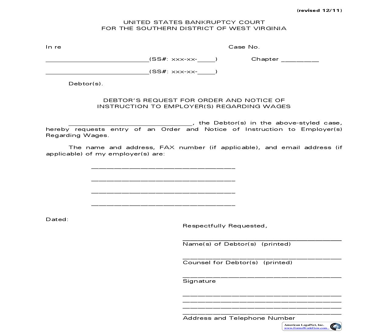 Debtors Request For Order And Notice Of Instruction To Employer(s) Regarding Wages | Pdf Fpdf Doc Docx | West Virginia