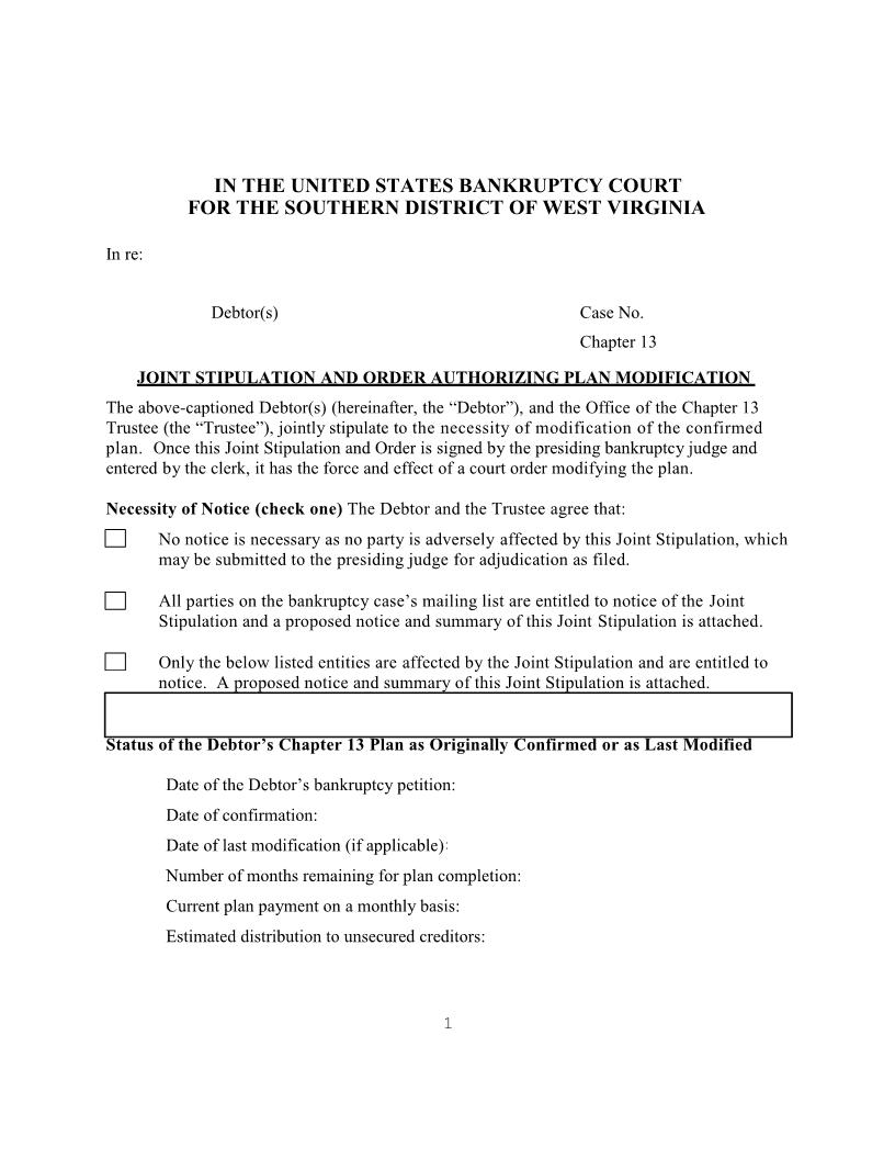 Joint Stipulation To Modify Plan (Chapter 13) | Pdf Fpdf Docx | West Virginia