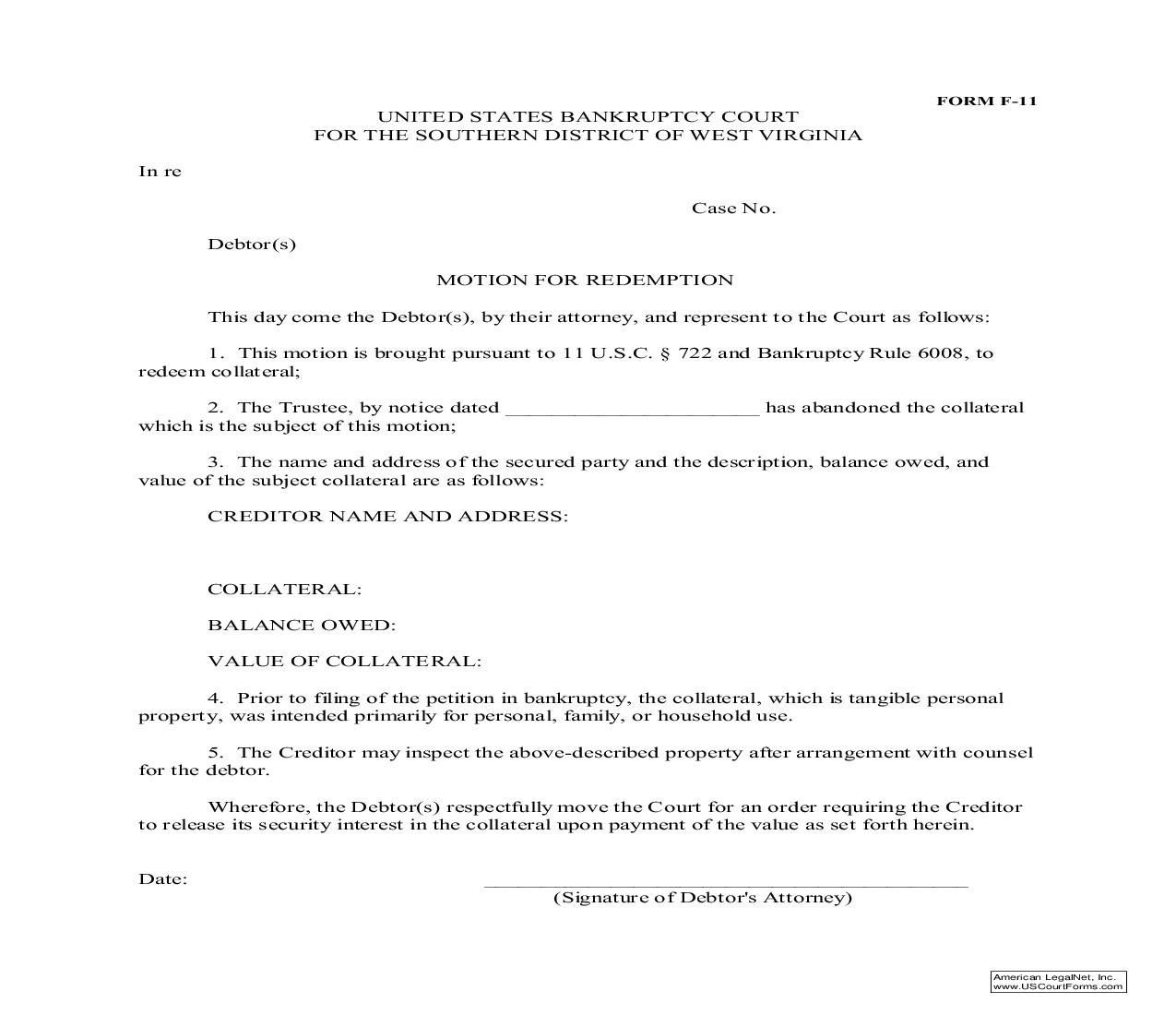 Motion For Redemption {F-11} | Pdf Fpdf Doc Docx | West Virginia