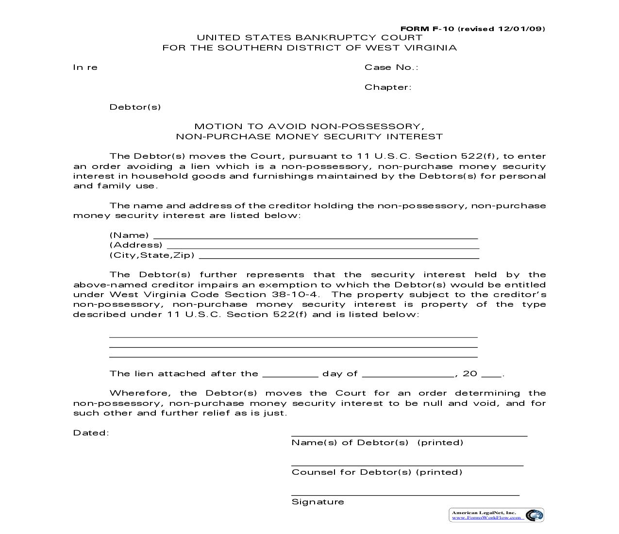 Motion To Avoid Household Goods Lien (Nonpossessory Nonpurchase Money Security Interest} {F-10} | Pdf Fpdf Doc Docx | West Virginia