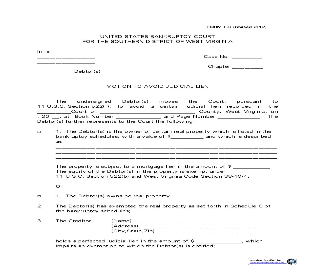 Motion To Avoid Judicial Lien {F-9} | Pdf Fpdf Doc Docx | West Virginia